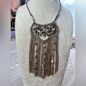 Stella & Dot Statement Fringe Bib Necklace - Champagne Crystal and Silver